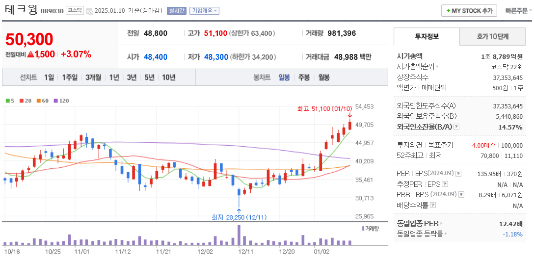 반도체 관련주 테크윙 주가 차트