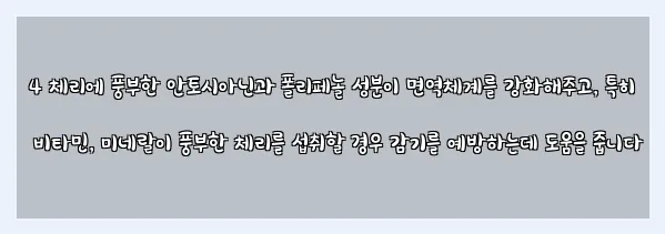  4 체리에 풍부한 안토시아닌과 폴리페놀 성분이 면역체계를 강화해주고, 특히 비타민, 미네랄이 풍부한 체리를 섭취할 경우 감기를 예방하는데 도움을 줍니다