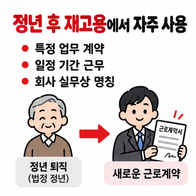 촉탁직은 특정 업무나 정년 후 재고용에서 자주 쓰이는 실무상 명칭이라는 내용을 보여주는 카드