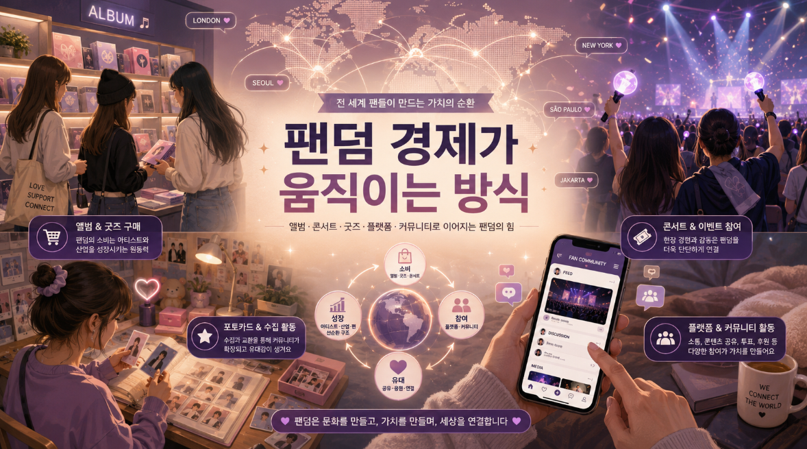 K-팝 팬들이 앨범 구매 콘서트 응원봉 포토카드 팬 플랫폼으로 팬덤 경제에 참여하는 모습