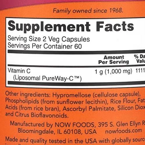 NOW Foods, Liposomal Vitamin C, 120 Veg Capsules supplement facts