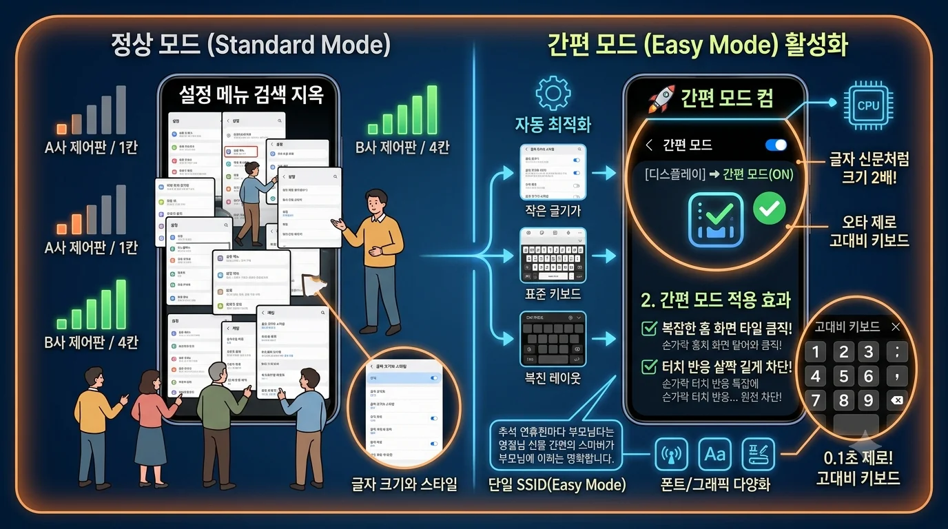 삼성 갤럭시 디스플레이 설정 간편 모드 활성화 및 글자 크기 굵게 확대 적용 화면