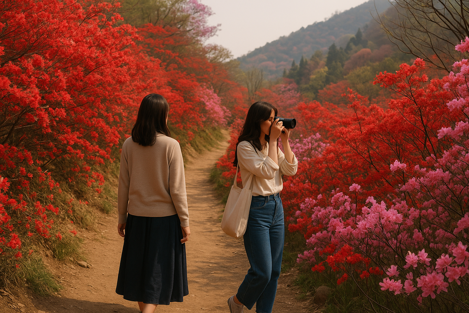 A contemplative spring moment with two women walking along a rhododendron trail in Beijing's Xiangshan Park