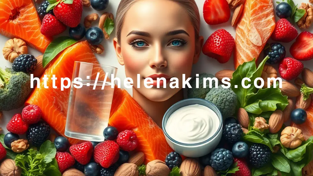 중앙에 건강하고 윤기 나는 여성의 피부가 표현되고, 그 주변을 신선하고 다채로운 슈퍼 푸드들이 놓여 있는 모습, 오메가-3가 풍부한 연어 조각, 항산화 베리류, 싱싱한 채소(브로콜리, 시금치), 고소한 견과류(호두, 아몬드), 떠먹는 요거트, 그리고 맑은 물 한 잔이 놓여 있는 이미지.