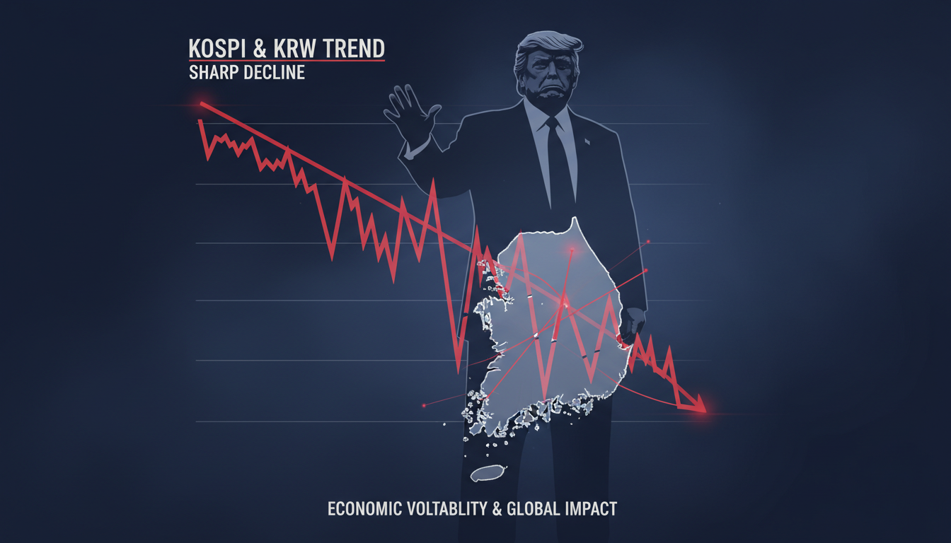 트럼프의 상호관세 정책으로 인해 한국 증시와 환율이 하락하는 모습을 시각화한 개념 이미지