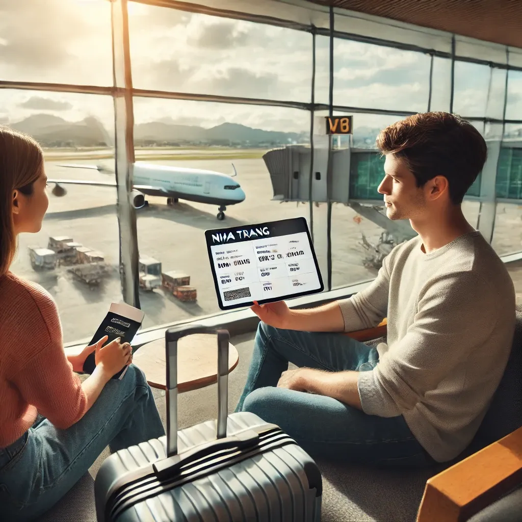 나트랑행 비행기 정보를 보고 있는 공항 라운지에서의 커플.