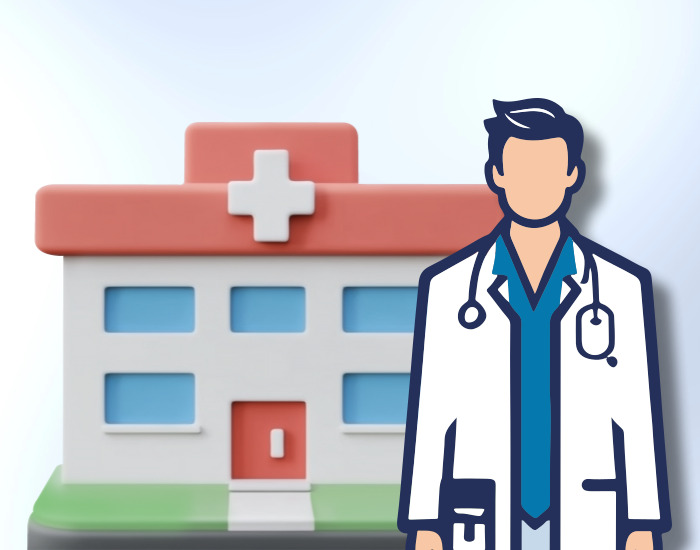 병원 배경으로 서있는 의사