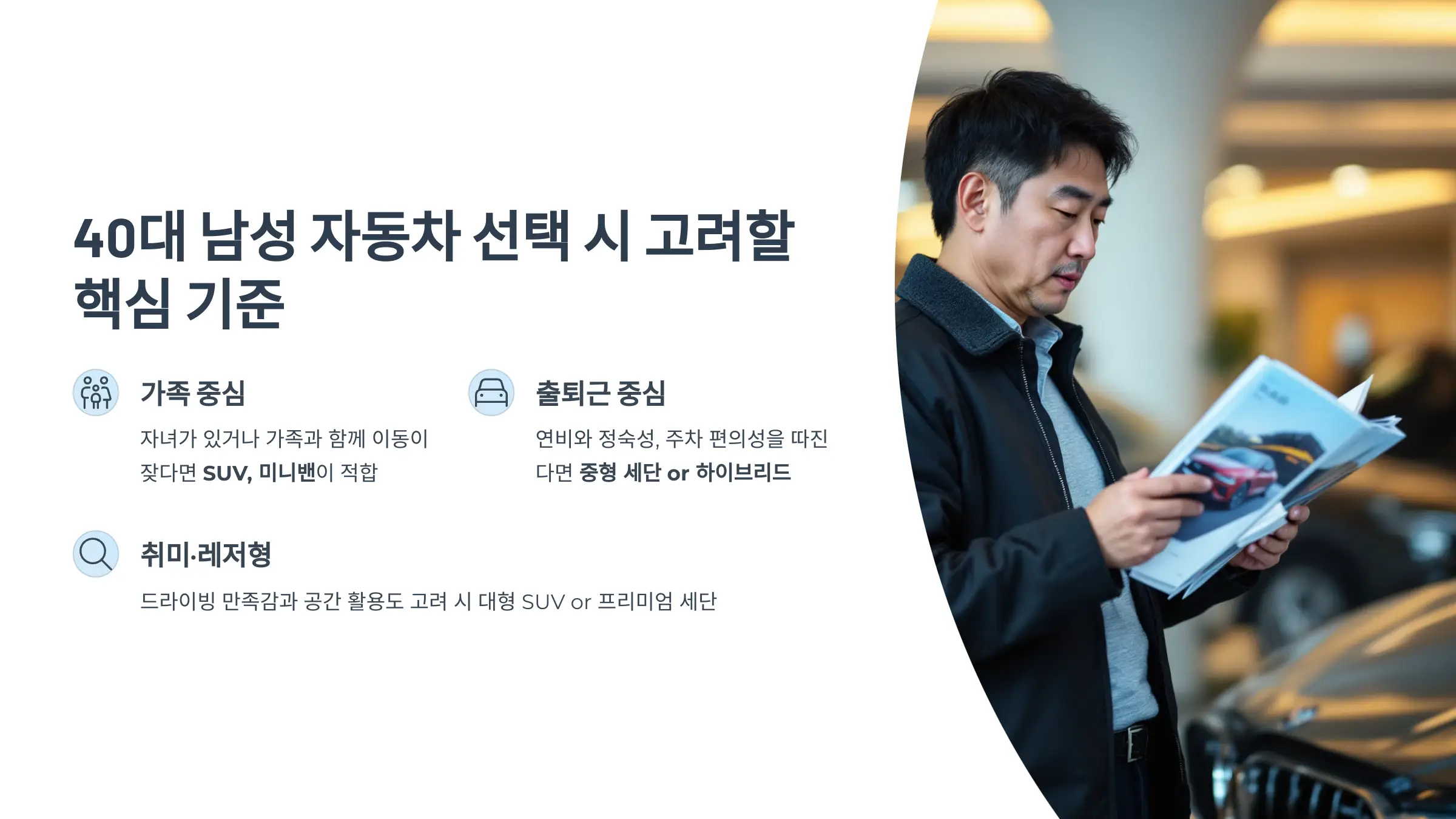 40대 남성 자동차 추천, 자동차 선택 고려사항, 추천 차종, 국산차 수입차 선택, 중고차 추천