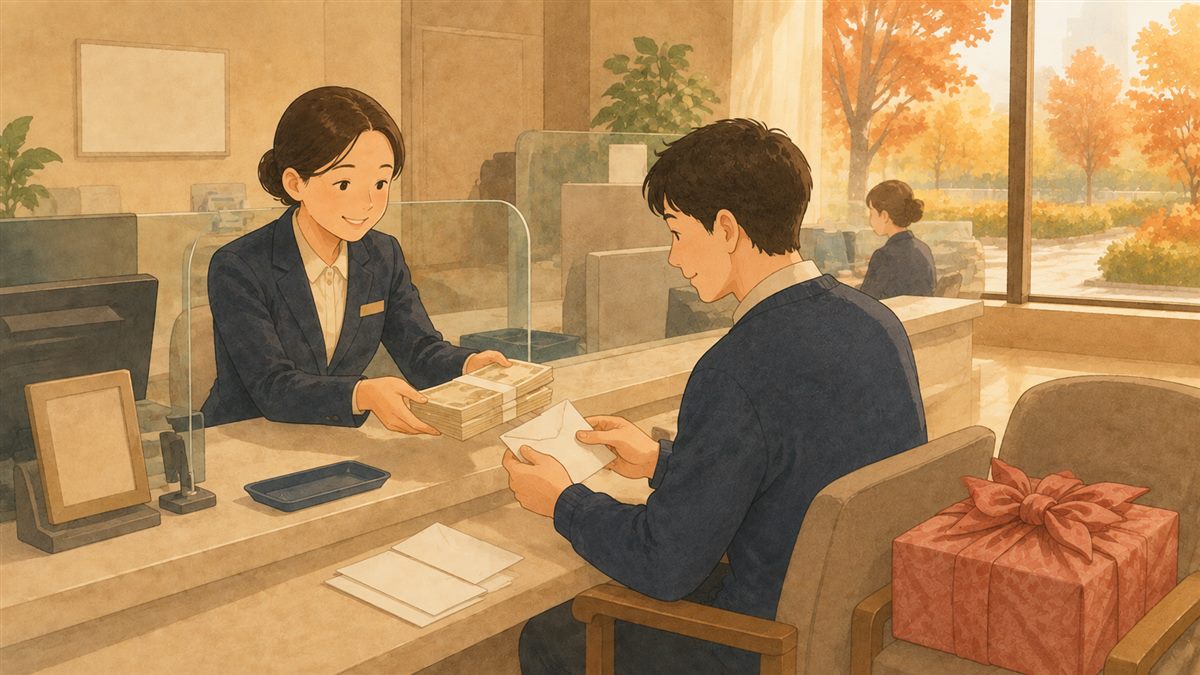 연휴 전 은행 창구에서 신권을 교환하고 봉투에 담는 일러스트