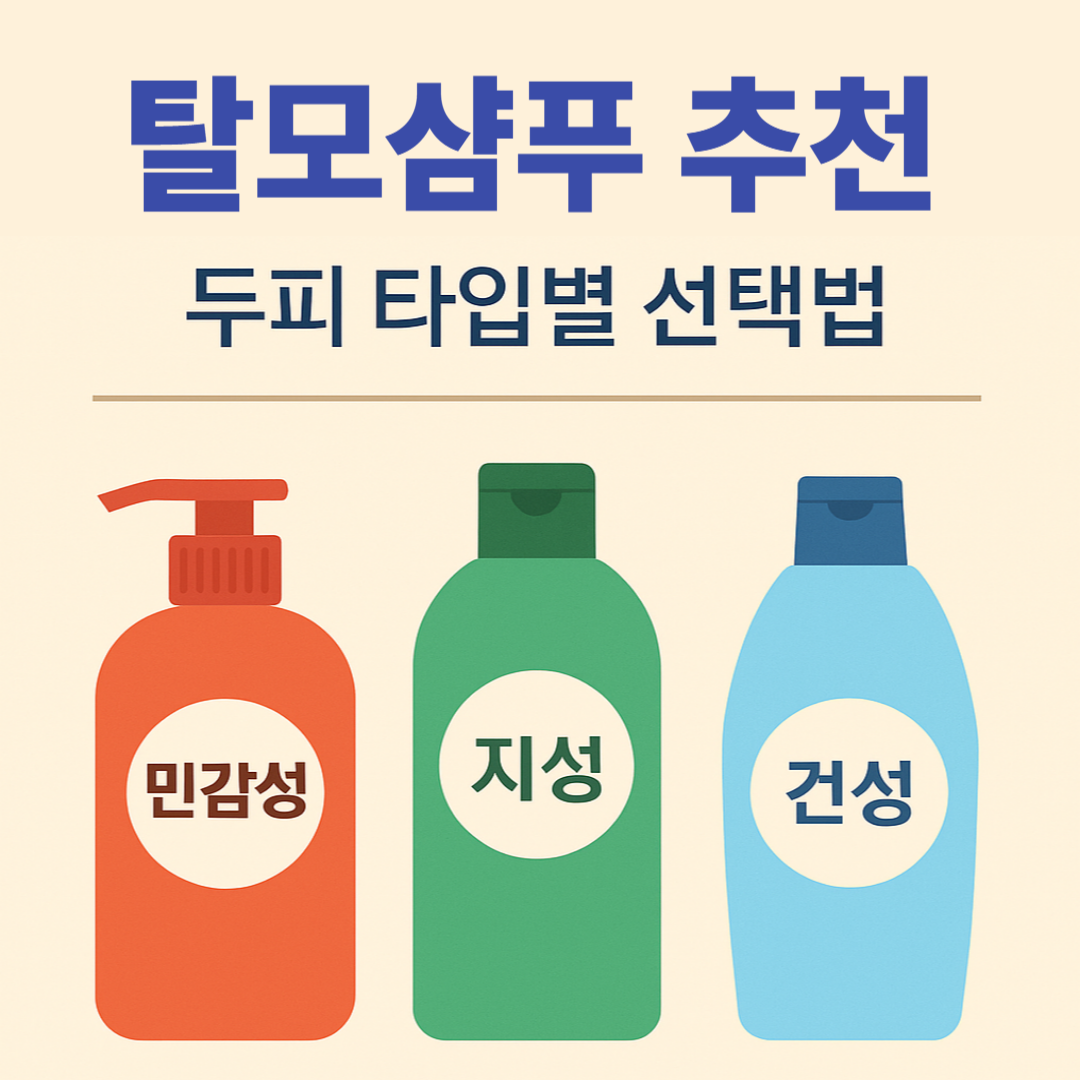 탈모 샴푸 추천 – 민감성, 지성, 건성 두피 타입별 샴푸 병 일러스트와 함께 구성된 선택 가이드 썸네일