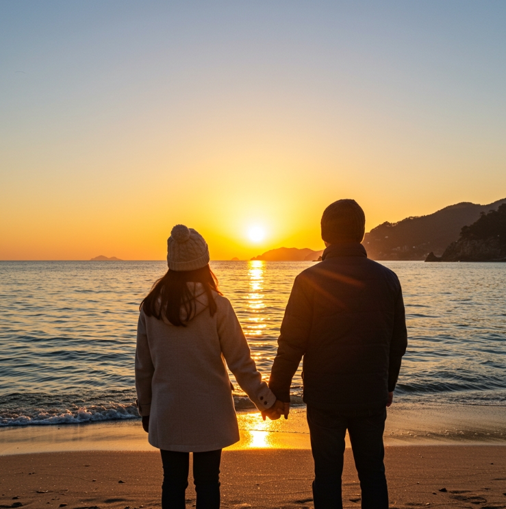 연인이 일출을 보고 있는 이미지