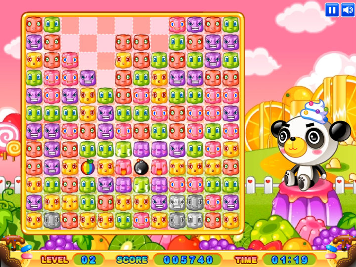젤리-퍼즐-플래시게임-플레이-폭탄-아이템을-사용하여-주위-젤리들을-터뜨리는-화면
