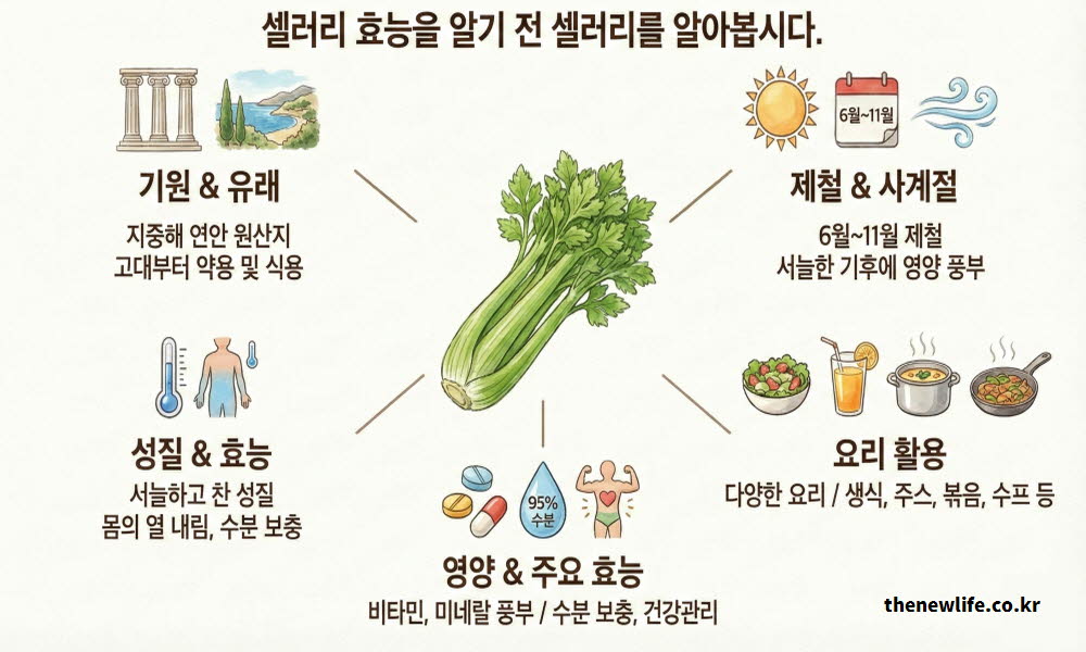 셀러리 효능의 바탕이 되는 오랜 유래와 기원, 그리고 찬 성질을 설명하는 이미지