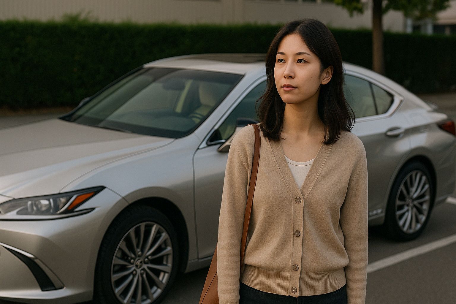 주차장 앞 첫차 고민하는 여성