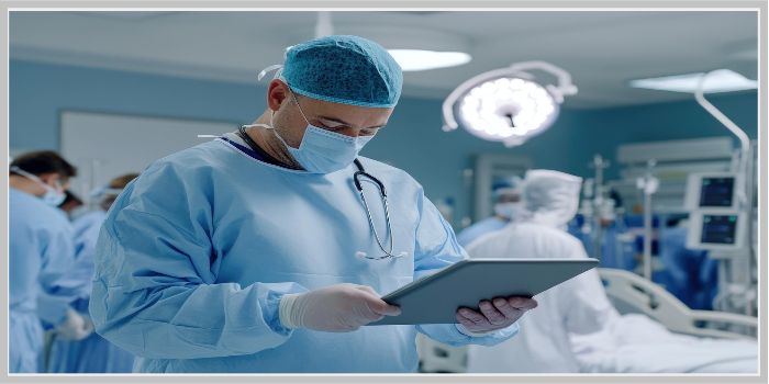 수술 준비 중 태블릿을 확인하는 의료진의 모습, 대장암 수술 전환 상태 점검
