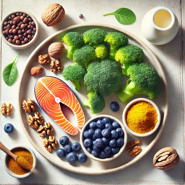 블루베리, 브로콜리, 연어 등 항염 식품이 담긴 플랫레이