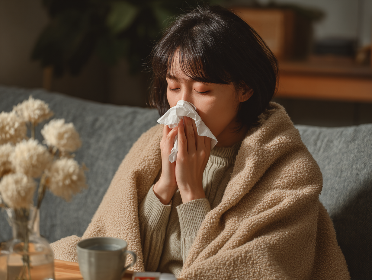 환절기 감기 걸린 사람 콧물 코감기 증상 면역력 저하 장면