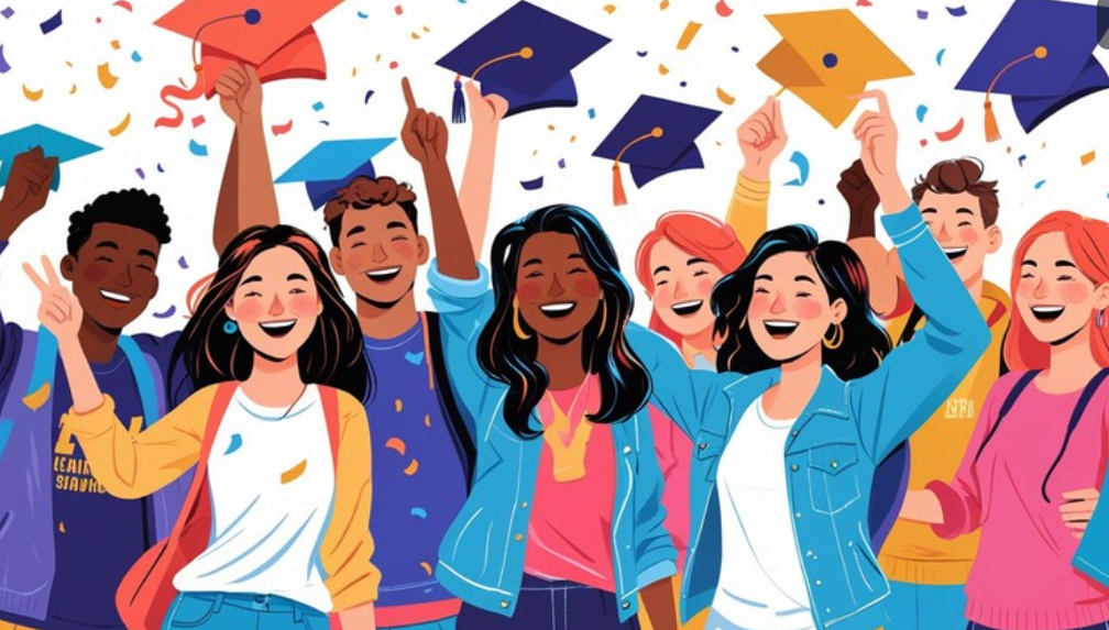 내셔널 메릿 장학금(National Merit Scholarship), NMSC 장학금 신청절차 방법 학생들이 기뻐가고 학사모도 쓰고있는 그림