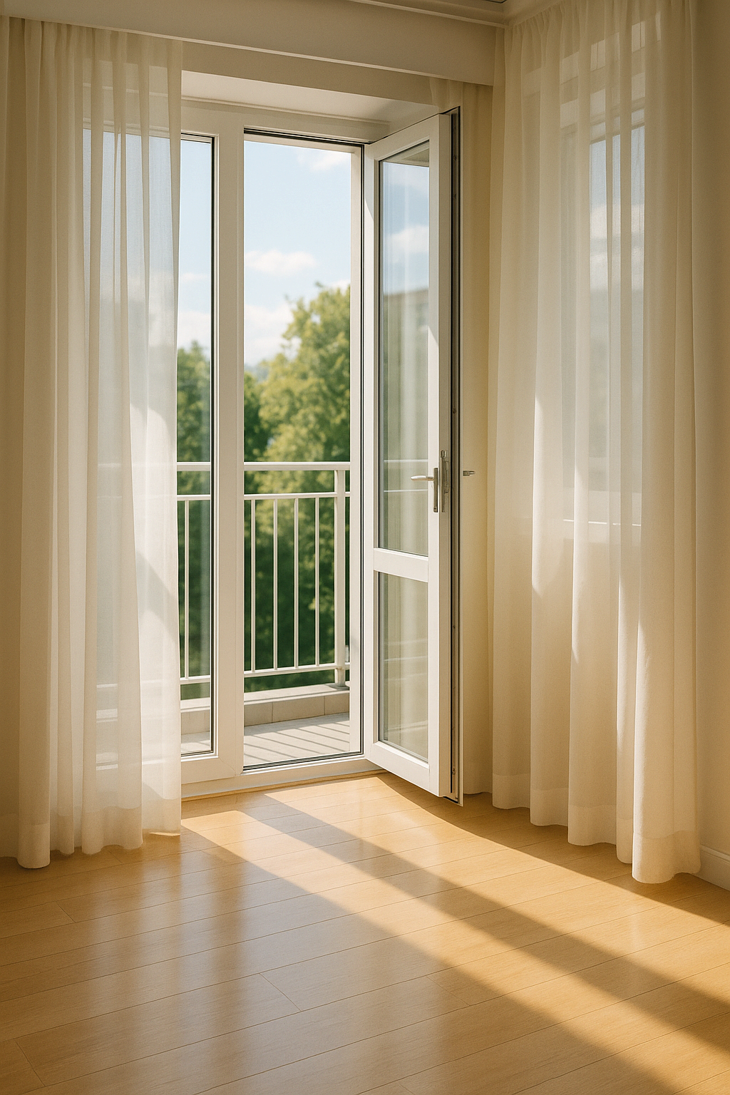 거실 창문이 열려 있고 커튼이 바람에 흔들리는 밝은 실내 환기 장면