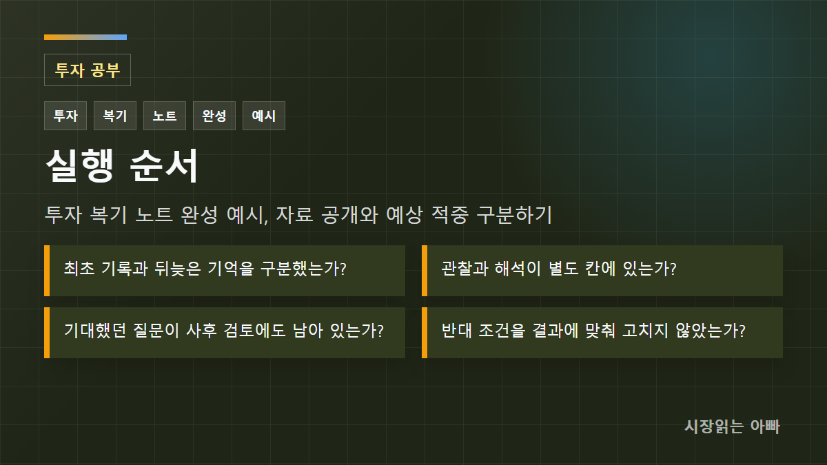 투자 복기 노트 완성 예시, 자료 공개와 예상 적중 구분하기 실행 순서: 최초 기록과 뒤늦은 기억을 구분했는가?; 관찰과 해석이 별도 칸에 있는가?; 기대했던 질문이 사후 검토에도 남아 있는가?