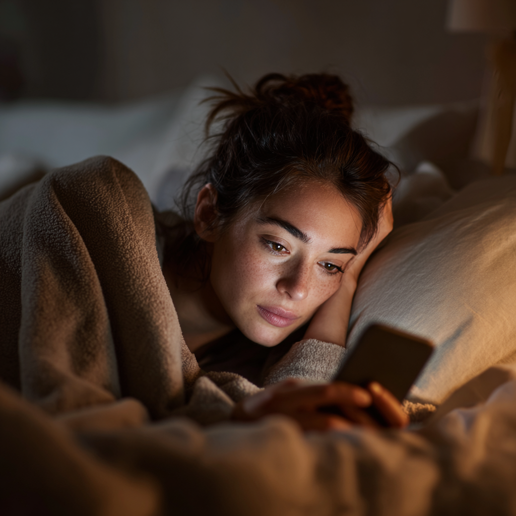 잠자기전 침대에서 핸드폰 보는 여성, 실사형 이미지