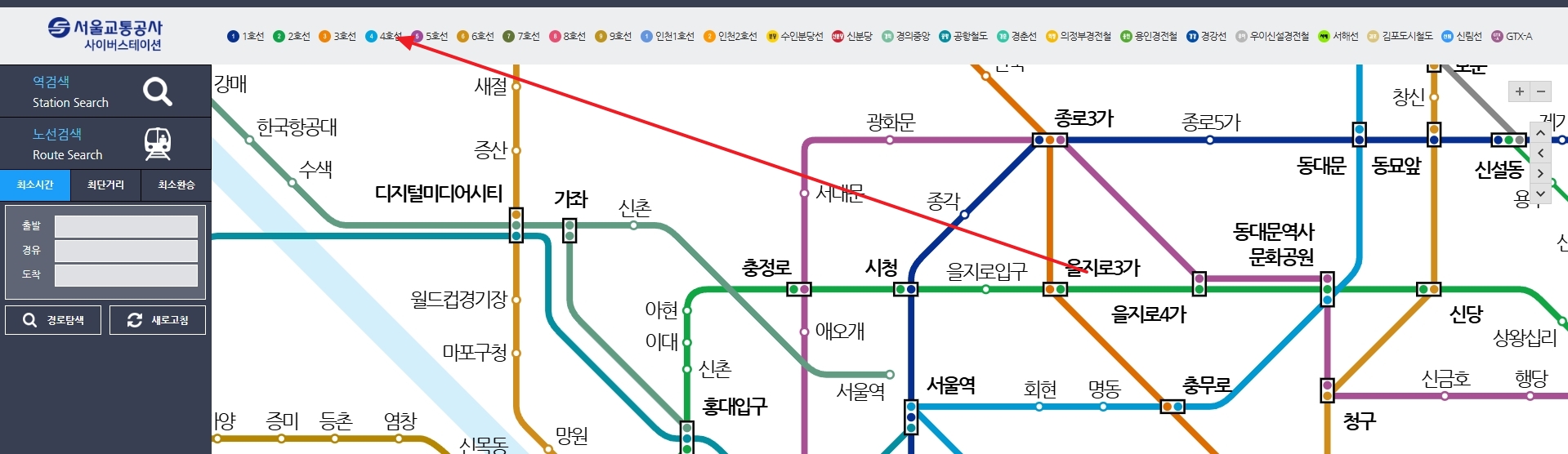 전체 노선도가 표시된 화면