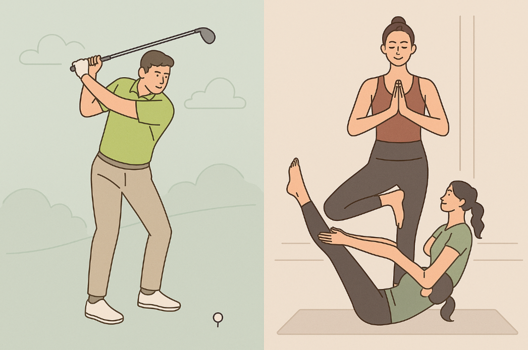 골프 스윙과 요가, 필라테스로 균형 잡힌 운동 루틴을 실천하는 모습