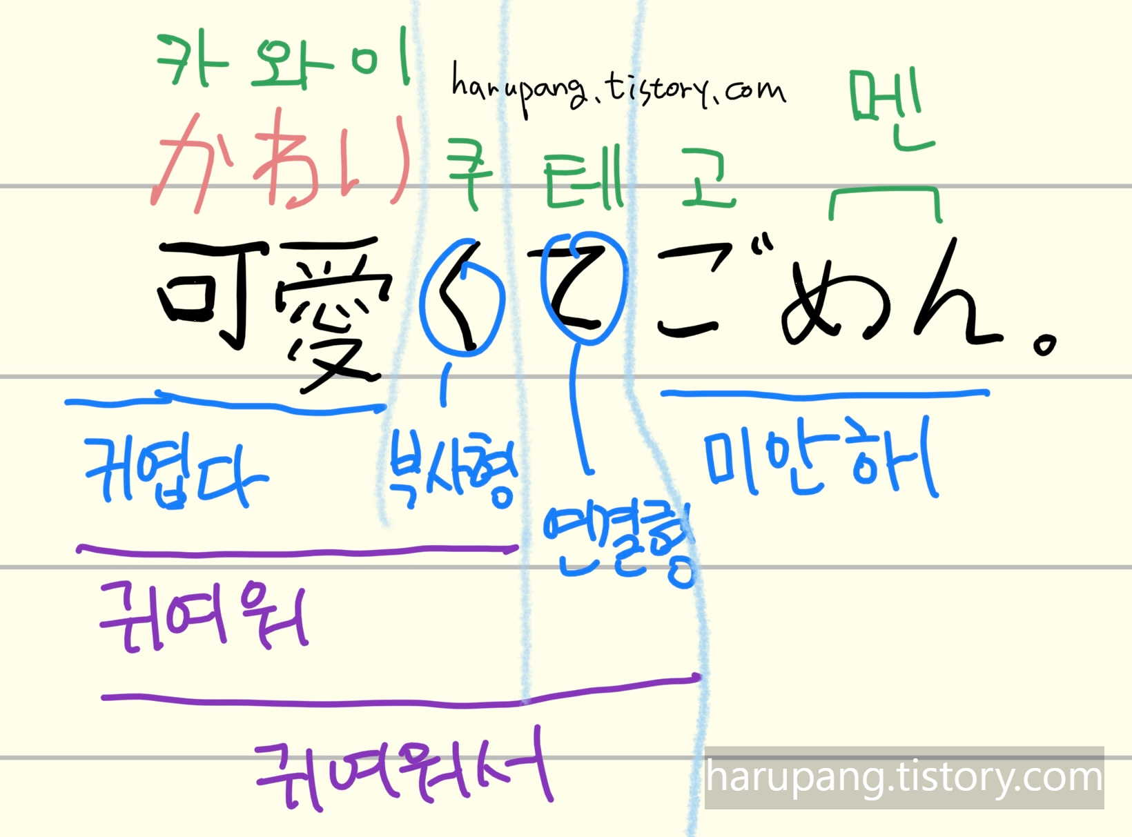 일본어로 "귀여워서 미안해" ,"可愛くてごめん" 을 발음과 단어 뜻을 이해하기 쉽게 색깔 별로 정리한 노트
