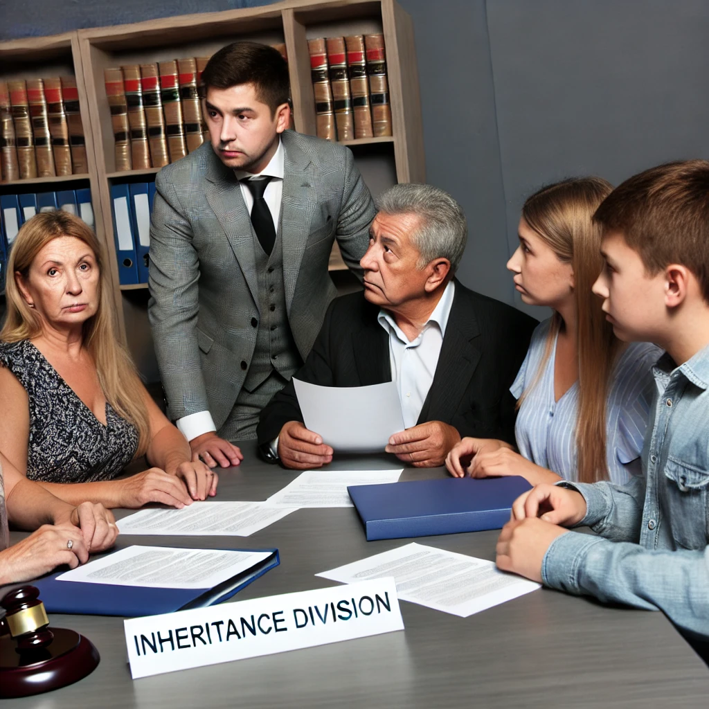 가족들이 상속 분배를 논의하는 장면: 가족들이 테이블에 둘러앉아 서류를 보며 상속 재산 분배에 대해 진지하게 논의하는 장면.