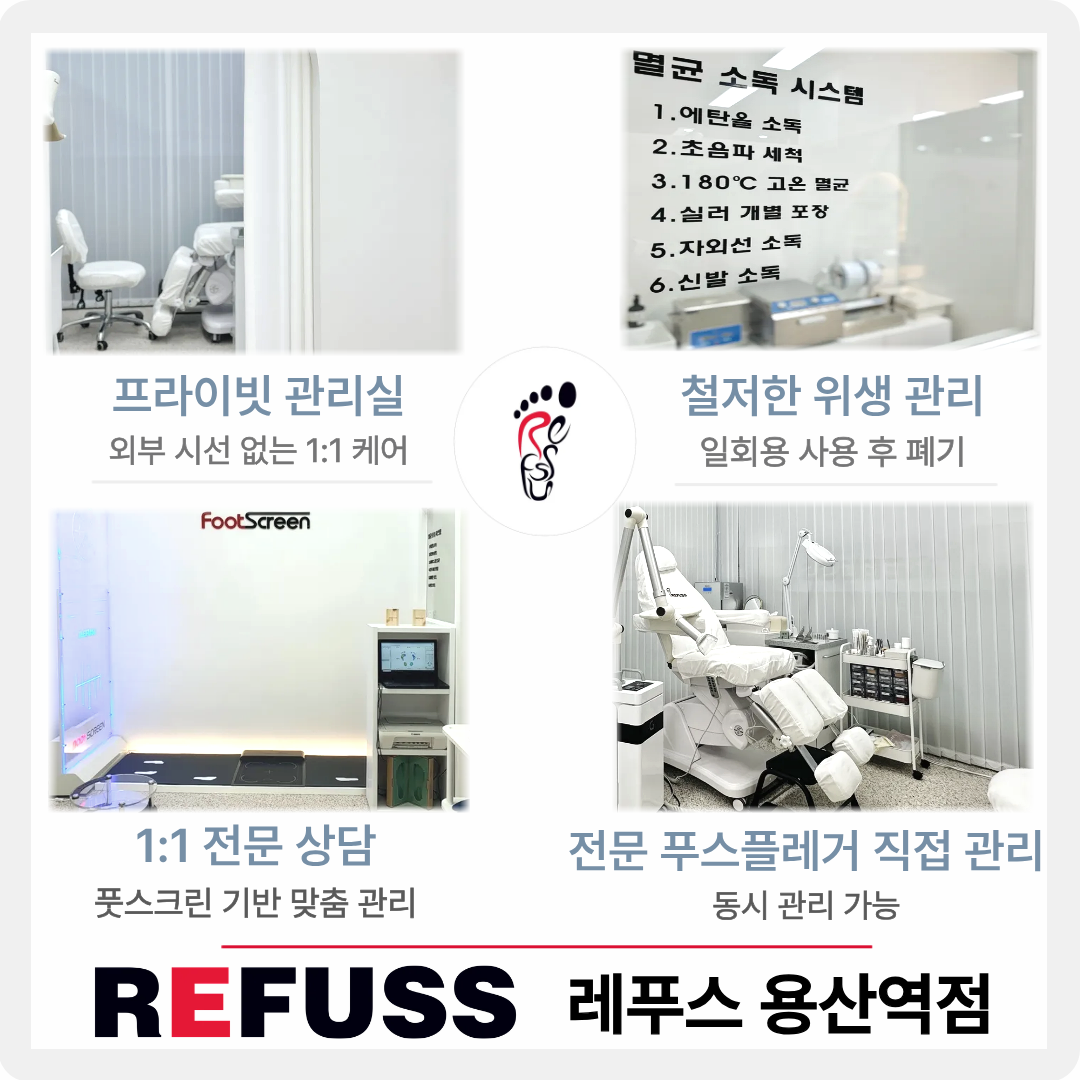 : 레푸스 용산역점 매장 입구 독일식 프리미엄 발 관리 전문점 신용산역 한남동 이촌동 문제성 발톱 관리 센터 용산 레푸스 청결한 관리실 내부 전경 전문 스케일링 장비 및 맞춤 인솔 시스템 완비 신용산역 발 관리 전문점