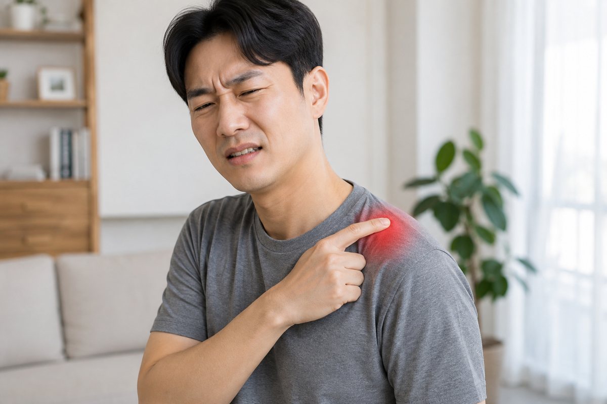 어깨 위쪽 끝을 손가락으로 짚으며 통증에 얼굴을 찡그리는 남성