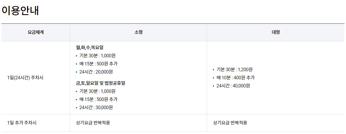 김포국제공항-주차장-이용요금표
