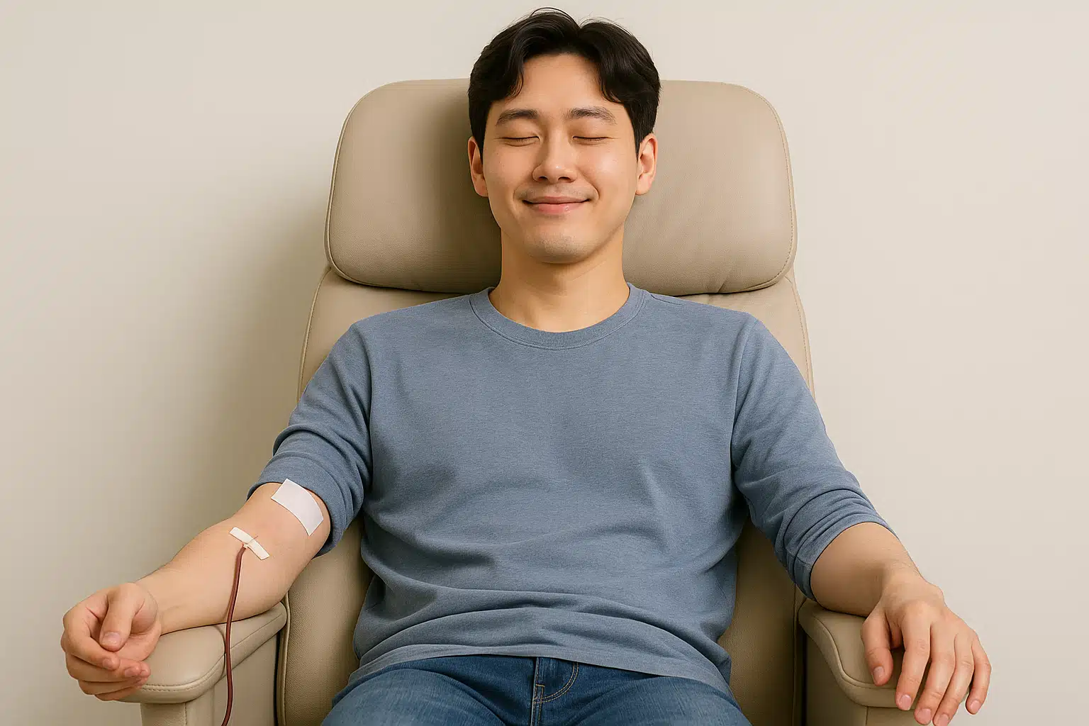 헌혈을 마친 후 편안한 표정으로 의자에 앉아 있는 사람