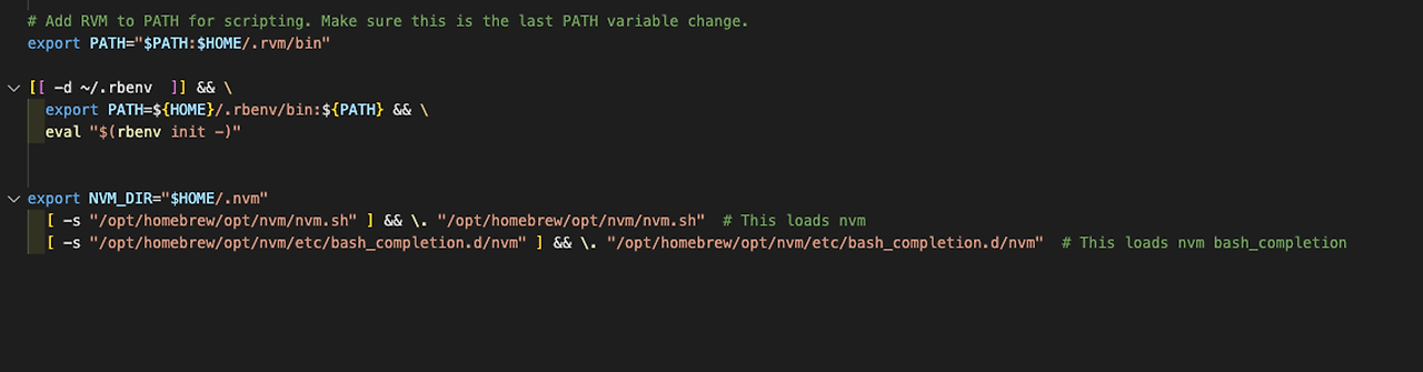 zshrc 파일 하단에 nvm 환경 설정 코드를 추가한 화면