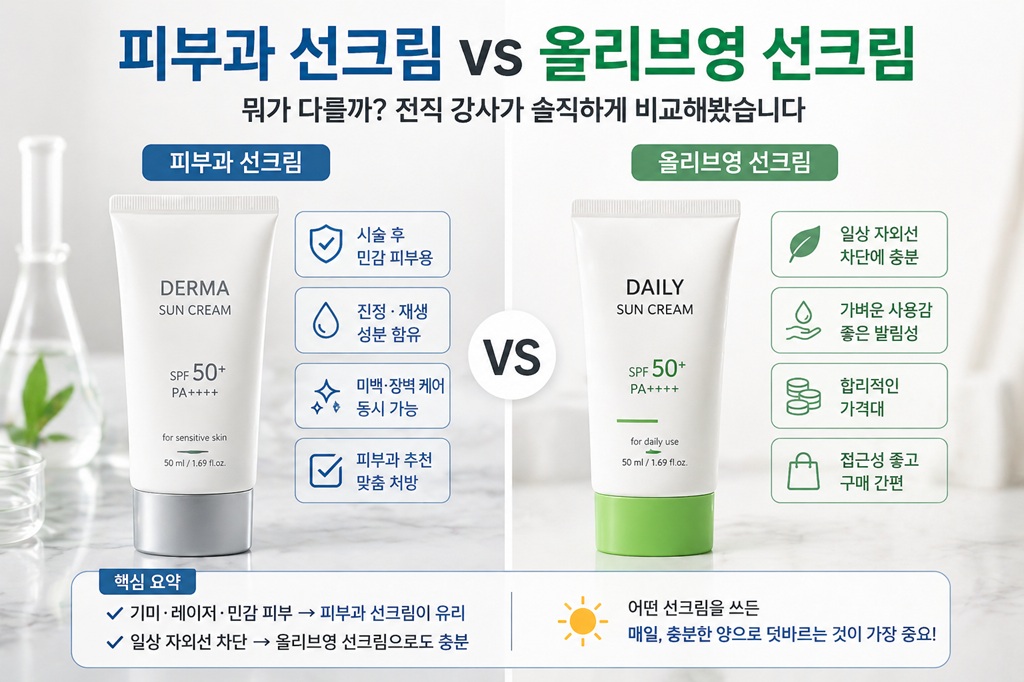 피부과 선크림과 올리브영 선크림 차이 비교 인포그래픽(기미&middot;레이저 피부 기준)