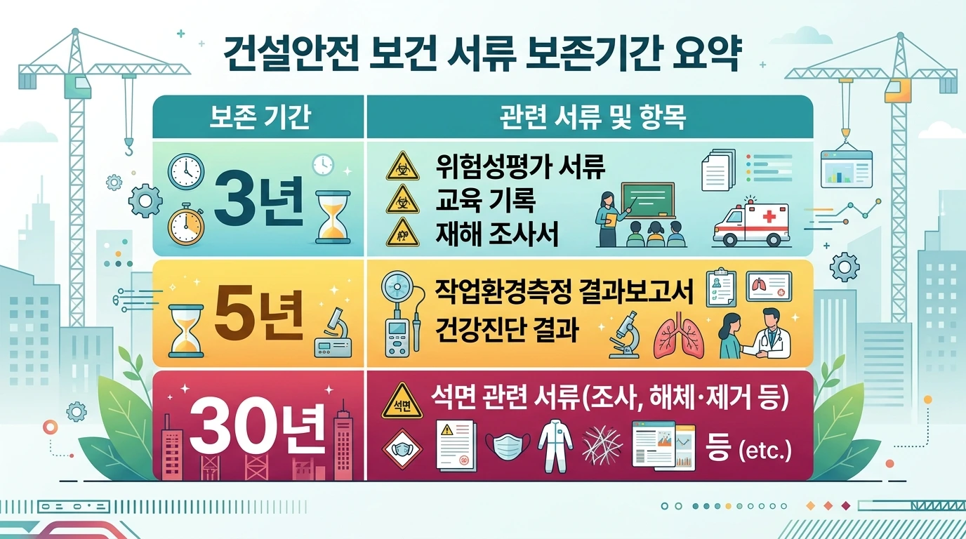 건설현장 법정 서류 보존기간 3단계 비교표 &mdash; 3년&middot;5년&middot;30년 서류 유형