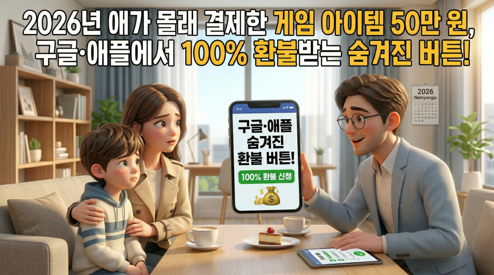 자녀가 몰래 결제한 모바일게임 금액 환불방법 설명하는 모습을 표현한 캐릭터 이미지
