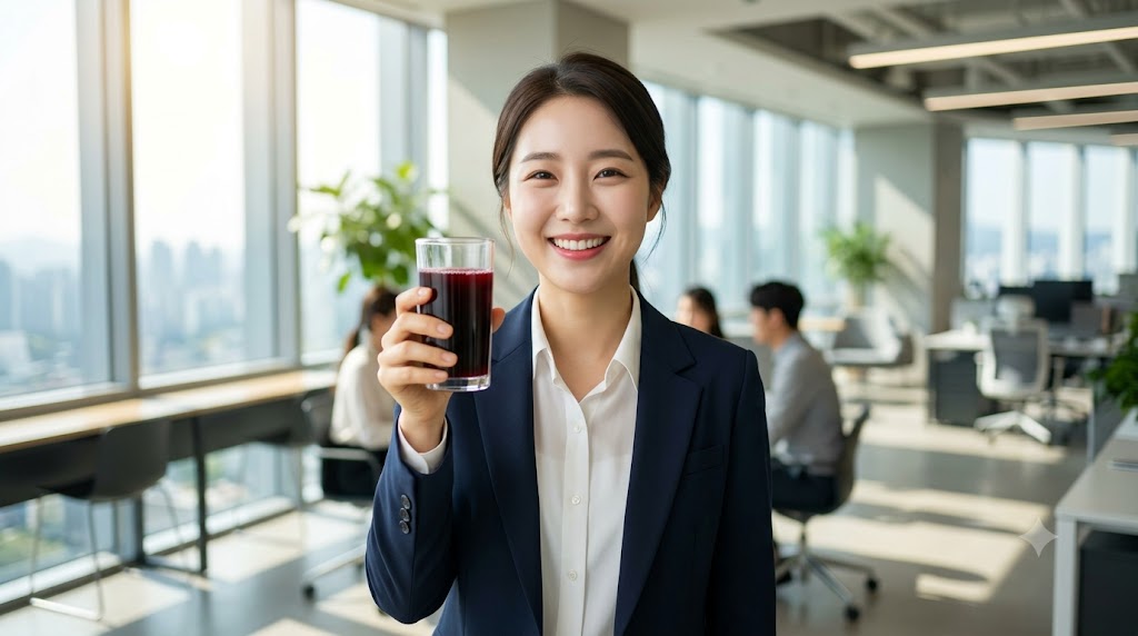 햇살이 가득 들어오는 쾌적한 사무실에서 한 직장인이 피로감 없는 환한 미소를 지으며 건강 음료를 마시는 모습. 활기차고 가벼워진 컨디션으로 일상 업무에 집중하는 프로페셔널한 건강 라이프스타일을 시네마틱하게 표현한 8k 초고해상도 사진.