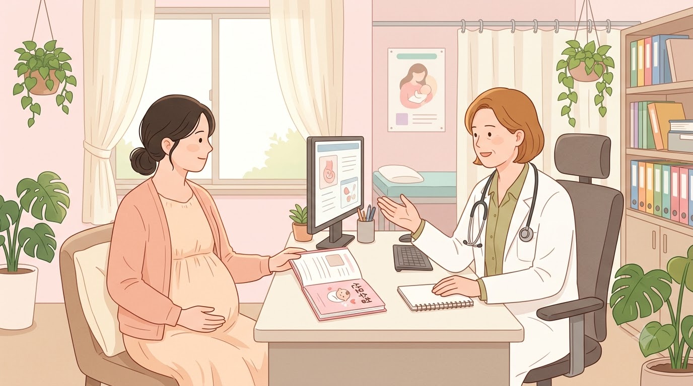 한국인 임신부가 산부인과 상담실에서 의사와 마주 앉아 산모수첩을 펼쳐놓고 이야기하는 장면.