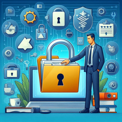 "자물쇠를 조작하는 남성, 디지털 보안 아이콘들이 화면에 떠 있음."