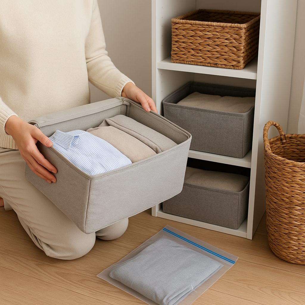 공간 절약 수납 아이디어, 접어놓은 계절 옷을 옷장 정리함에 깔끔하게 수납하는 모습