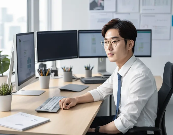 듀얼모니터 설정 후 사무실에서 업무하는 모습