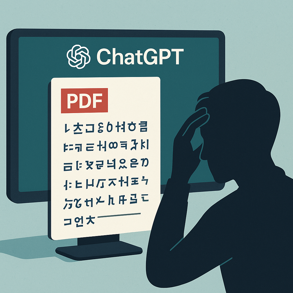 챗GPT-로고가-있는-모니터에서-깨진-한글-문서가-출력되고-있는-장면,-걱정하는-사용자의-실루엣-일러스트