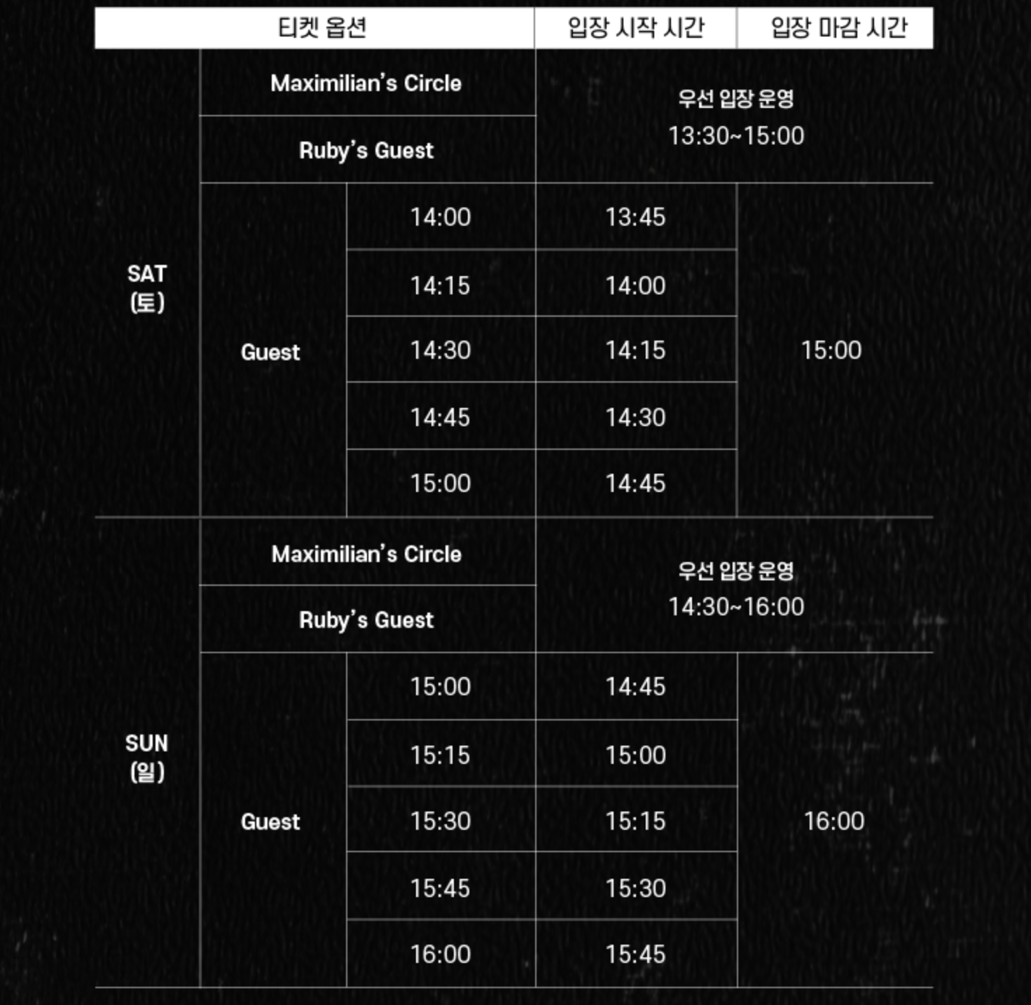 슬립노모어 티켓 옵션 표