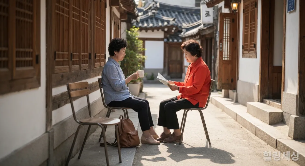 전주 한옥마을에서 자유여행을 즐기는 한국인 시니어 여성