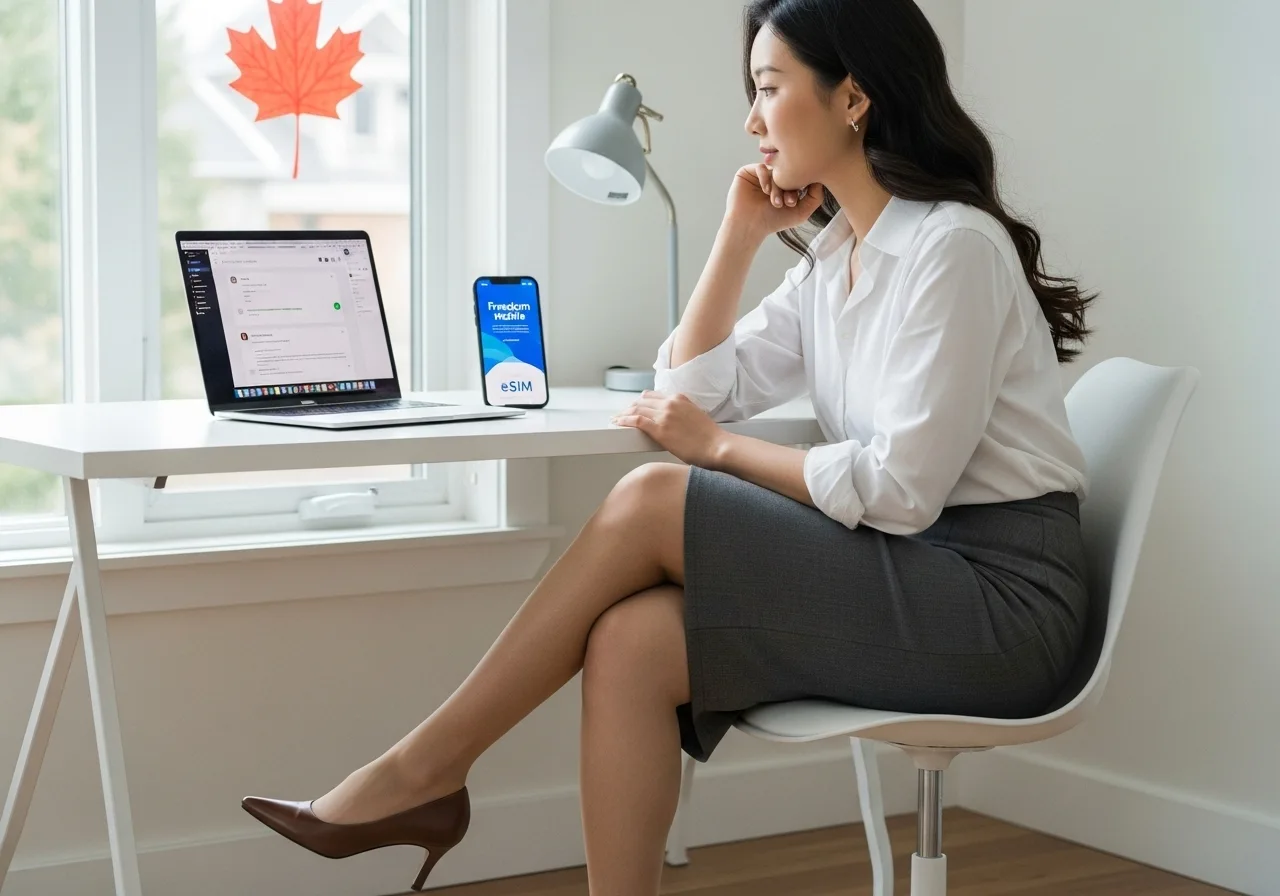 세련된 홈오피스에서 젊은 한국인 여성이 노트북으로 프리덤 모바일 eSIM 정보를 보며 만족스럽게 미소 짓고 있다
