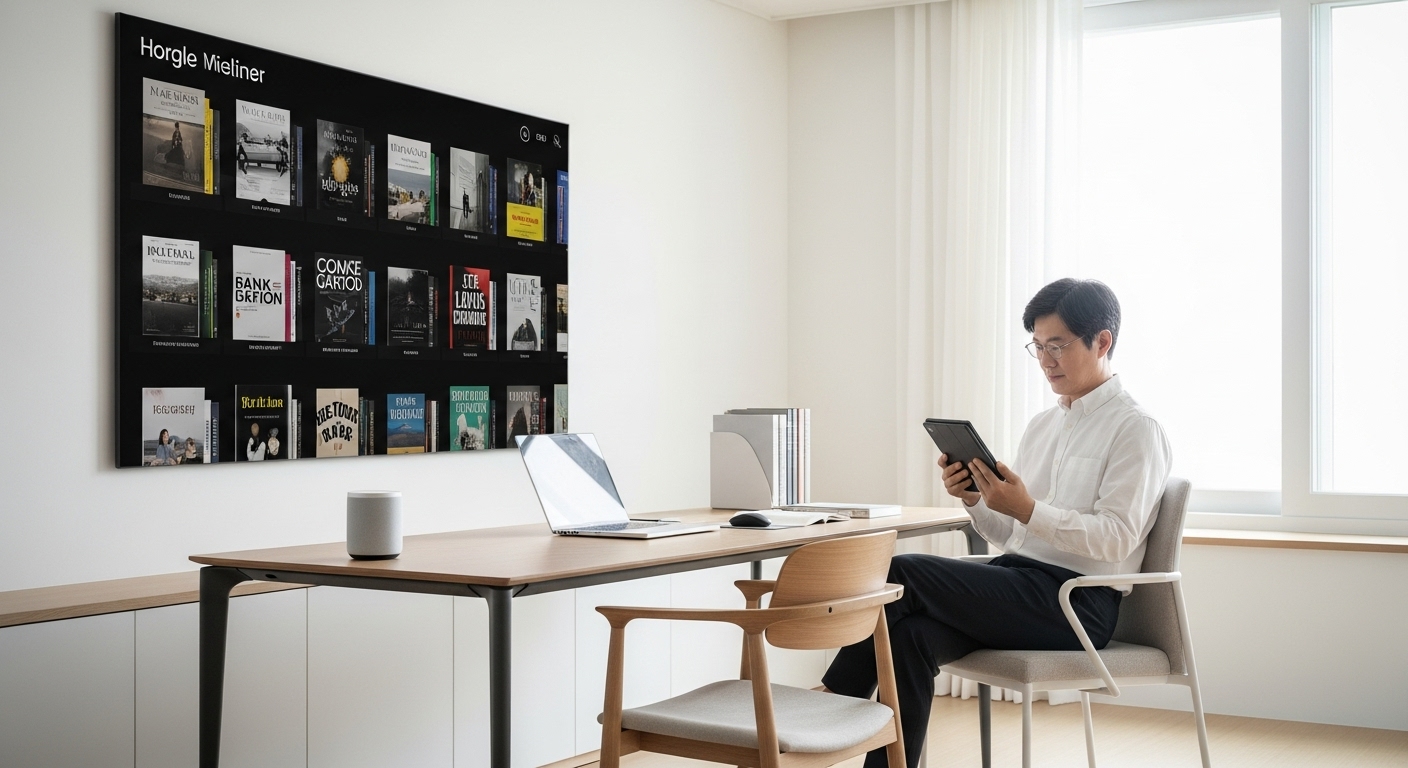 미니멀하게 정리된 서재에서 e-리더를 사용하는 중년의 모습. 물리적 서적 대신 디지털 기기를 활용하여 공간 효율을 높인 장면.
