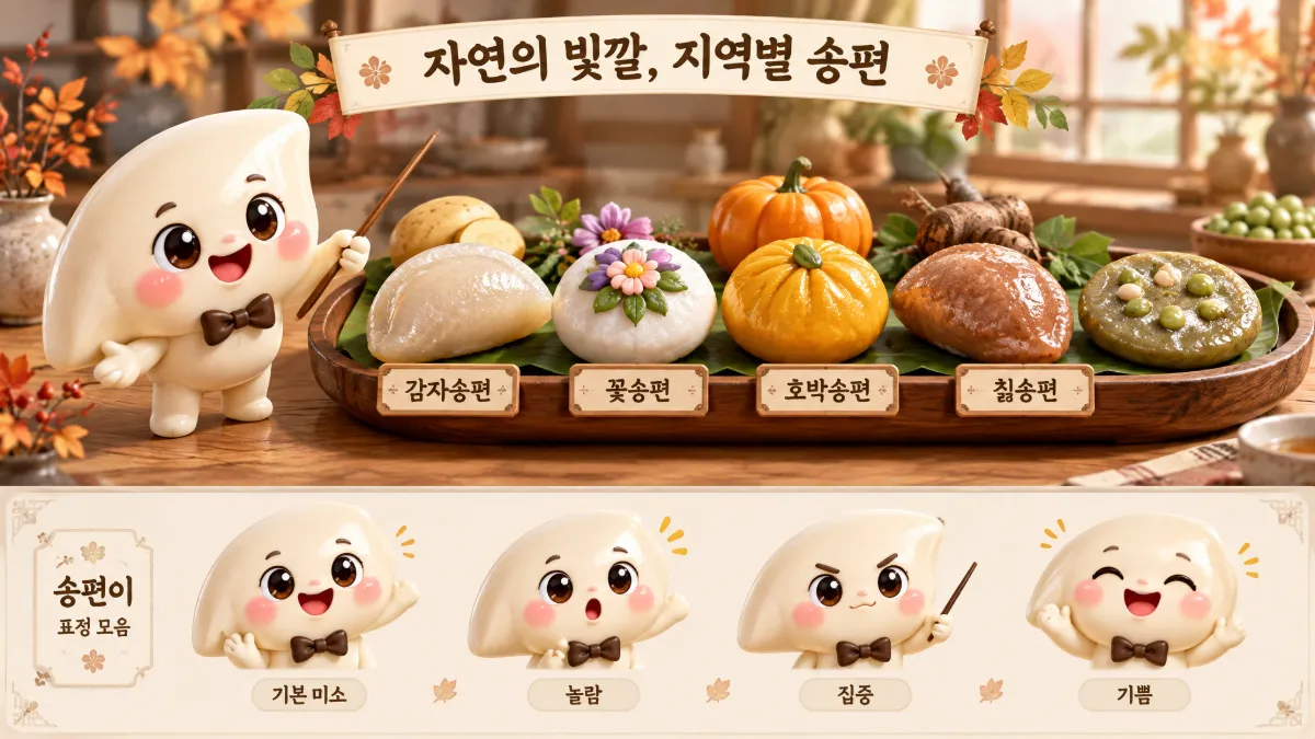 감자송편&middot;꽃송편&middot;호박송편&middot;칡송편 등 지역별 이색 송편을 소개하는 송편 마스코트 캐릭터 시트