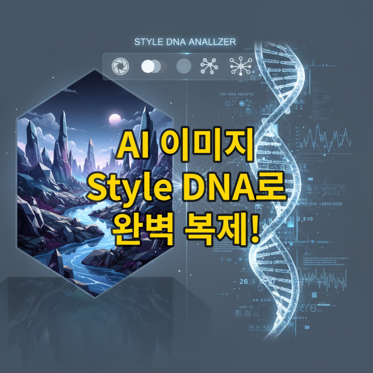 AI 이미지의 스타일 유전자를 분석하고 프롬프트를 추출하는 Style DNA Analyzer의 미래적인 인터페이스. 예술적인 원본 이미지가 DNA 구조와 기술 데이터로 변환되는 과정을 시각적으로 표현하여, 원본의 감성을 복제하는 AI 기술을 강조.