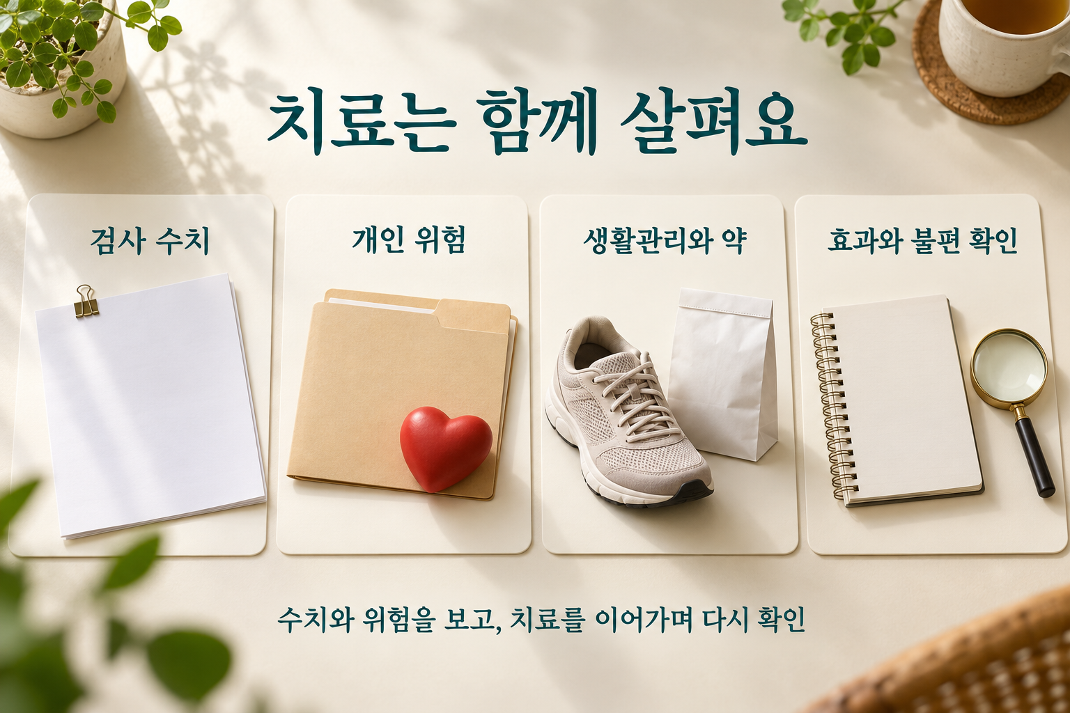 검사와 위험 평가, 치료, 추적 진료를 네 구획으로 보여 준 구성